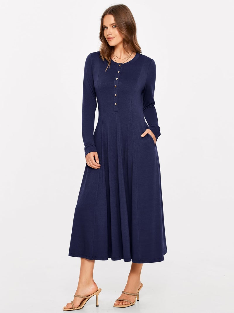 Glamaker Womens Long Sleeve Dress - 2025 Trendy Fashion Crew Neck Button Down Fit & Flare Fall Midi Dresses with Pockets (Navy Blue S) - Image 2