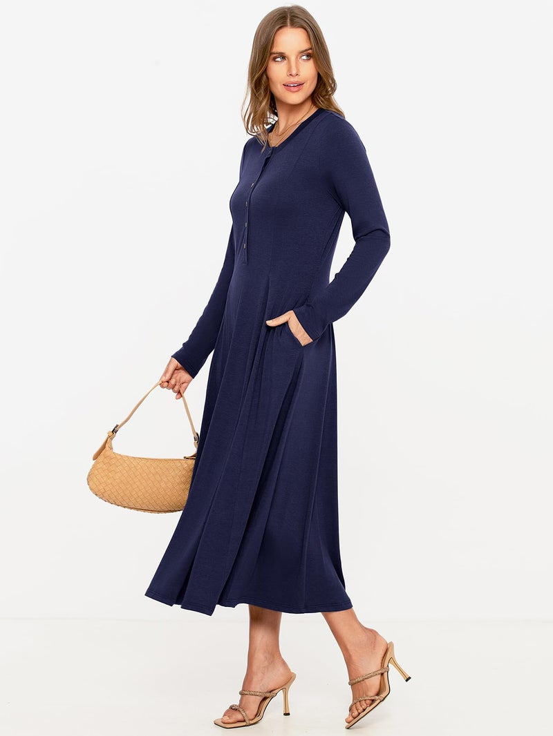 Glamaker Womens Long Sleeve Dress - 2025 Trendy Fashion Crew Neck Button Down Fit & Flare Fall Midi Dresses with Pockets (Navy Blue S) - Image 3