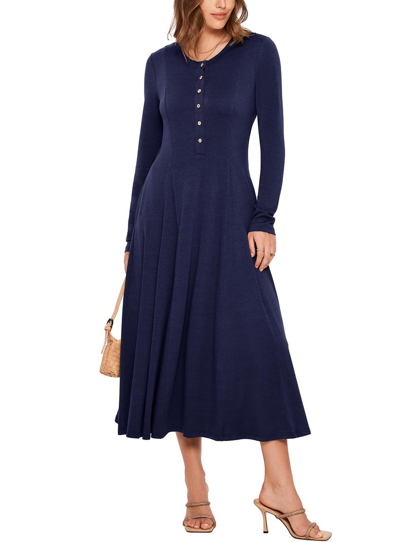 Glamaker Womens Long Sleeve Dress - 2025 Trendy Fashion Crew Neck Button Down Fit & Flare Fall Midi Dresses with Pockets (Navy Blue S) - Image 1