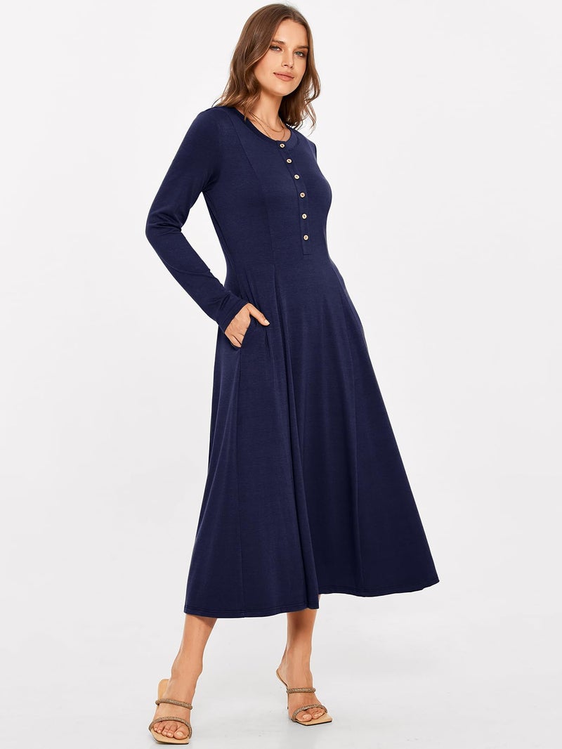 Glamaker Womens Long Sleeve Dress - 2025 Trendy Fashion Crew Neck Button Down Fit & Flare Fall Midi Dresses with Pockets (Navy Blue S) - Image 4