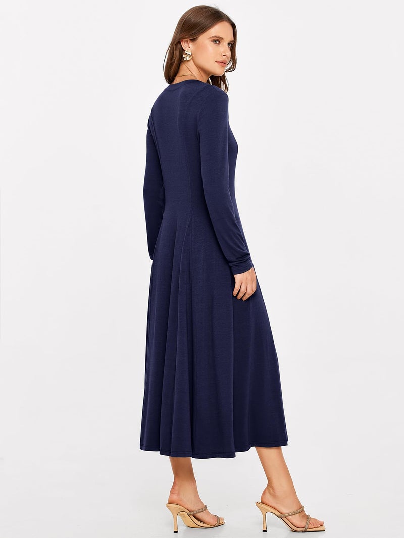Glamaker Womens Long Sleeve Dress - 2025 Trendy Fashion Crew Neck Button Down Fit & Flare Fall Midi Dresses with Pockets (Navy Blue S) - Image 5