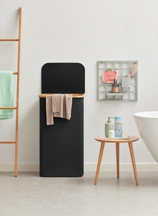 Chase Up Laundry Basket with lid - 100L Large Laundry Basket with Bamboo Handles, Portable Clothes Hamper for Dorm Room, Bathroom, Bedroom, Grey foldable Hamper for Toys, closet, Clothing, Black - Image 2