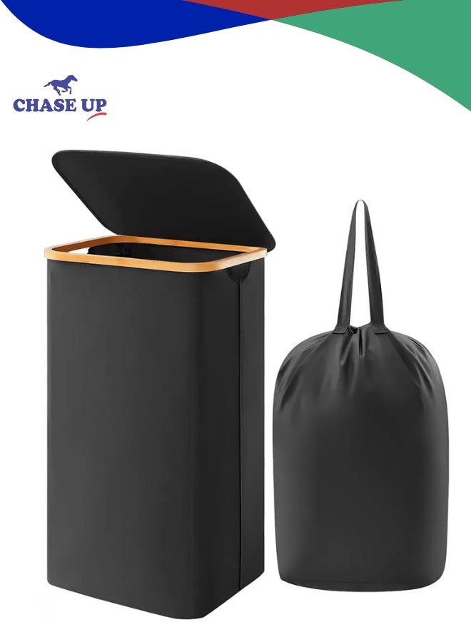 Chase Up Laundry Basket with lid - 100L Large Laundry Basket with Bamboo Handles, Portable Clothes Hamper for Dorm Room, Bathroom, Bedroom, Grey foldable Hamper for Toys, closet, Clothing, Black - Image 1