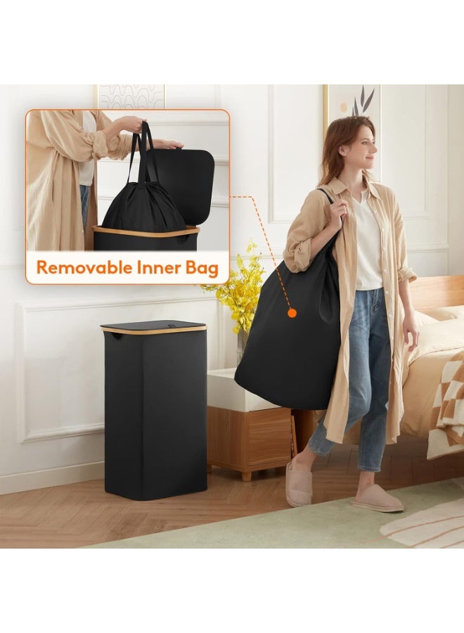 Chase Up Laundry Basket with lid - 100L Large Laundry Basket with Bamboo Handles, Portable Clothes Hamper for Dorm Room, Bathroom, Bedroom, Grey foldable Hamper for Toys, closet, Clothing, Black - Image 3