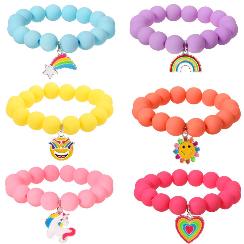 PinkSheep Unicorn Beads Pendant Bracelet for Kid Girl, 6PC, Rainbow Monster Sun Flower Heart Meteor Charm Friendship Bracelet Good Friend Gift - Image 1