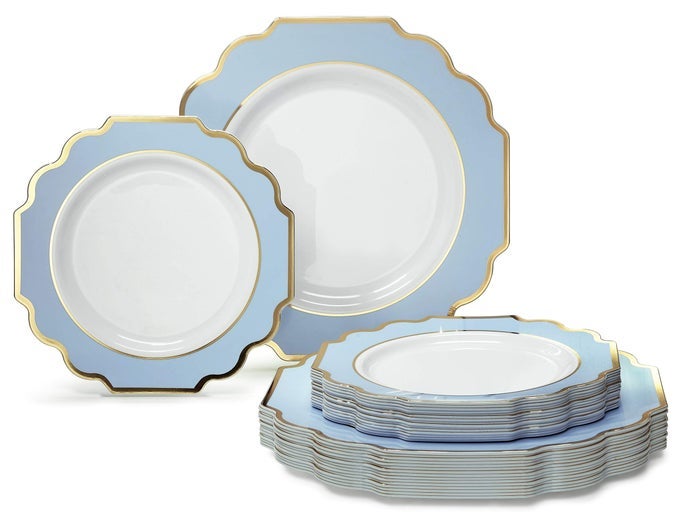 OCCASIONS 50 PLATES PACK 25 GUESTSHEAVYWEIGHT WEDDING PARTY DISPOSABLE PLASTIC PLATE SET 25X105 DINNER 25X8 SALADDESSERT IMPERIAL IN WHITEBLUE GOLD