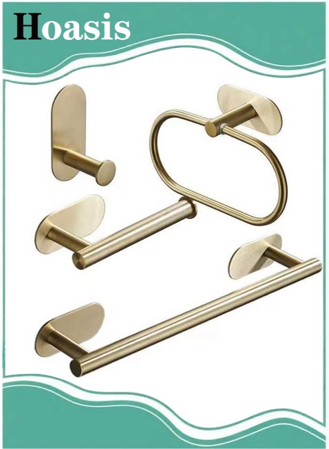 Hoasis 4 Pcs Bathroom Towel Rack Hardware, 304 Stainless Steel Wall Mounted with 16" Hand Towel Bar, Hand Towel Ring, Toilet Paper Holder, Robe Towel Hook for Bathroom (Gold) - Image 1