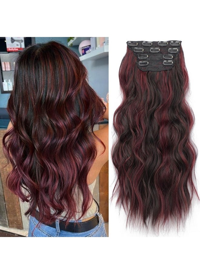 KooKaStyle Clip In Synthetic Hair Extensions Long Wavy 4Pcs Thick Hairpieces Burgundy Mix Dark Brown Fiber Double Weft Natural Hair Extensions 20 Inch For Women  - Image 1