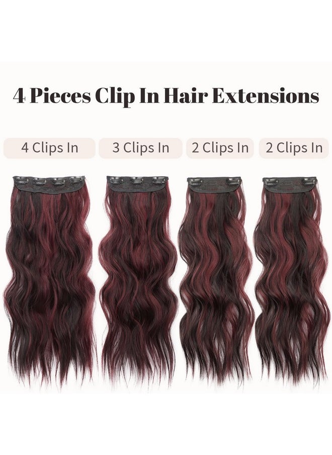 KooKaStyle Clip In Synthetic Hair Extensions Long Wavy 4Pcs Thick Hairpieces Burgundy Mix Dark Brown Fiber Double Weft Natural Hair Extensions 20 Inch For Women  - Image 3