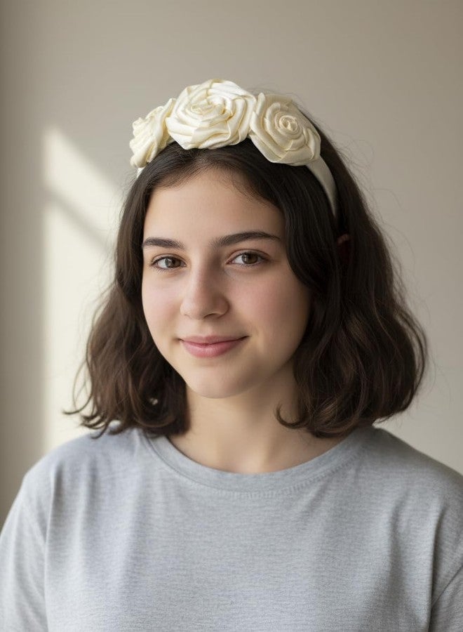 Fairytale Satin Flower Hair Band for Girls, Hot Pink, Black, Purple, Cream Floral Headband with Rosette Design Hair Decorative Hair Accessories. (Cream) - Image 2