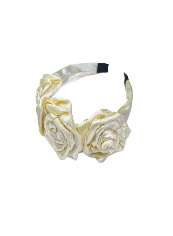 Fairytale Satin Flower Hair Band for Girls, Hot Pink, Black, Purple, Cream Floral Headband with Rosette Design Hair Decorative Hair Accessories. (Cream) - Image 4