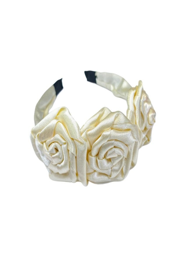 Fairytale Satin Flower Hair Band for Girls, Hot Pink, Black, Purple, Cream Floral Headband with Rosette Design Hair Decorative Hair Accessories. (Cream) - Image 1