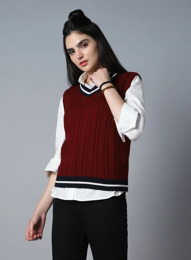 هاي ستار Women's Maroon 100% Acrylic Regular Fit Sweater