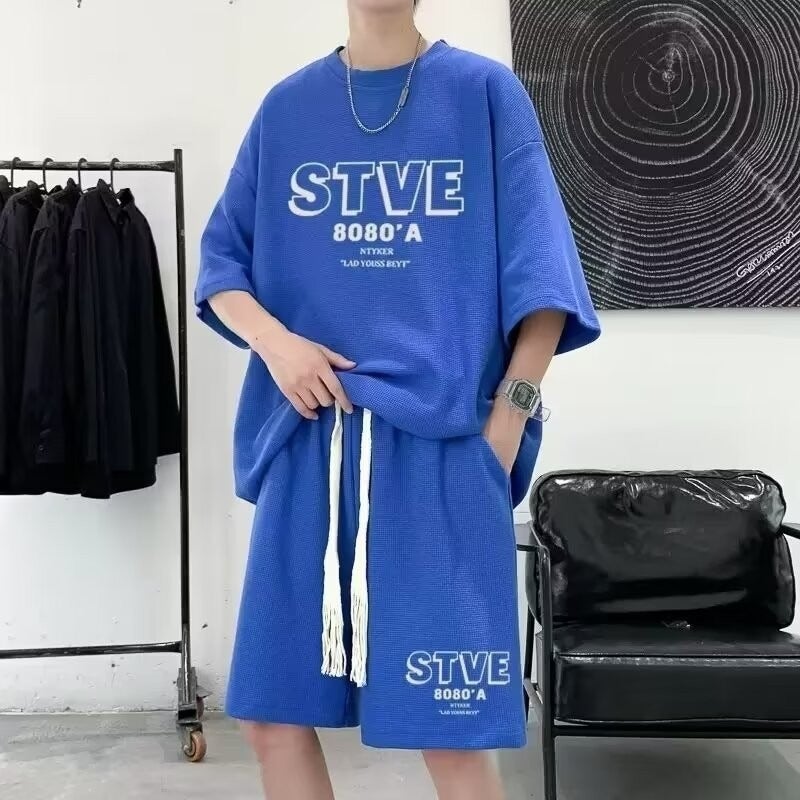 European and American Style Cool and Handsome Outfit Suit for Men Summer Waffle Casual Sports Two-Piece Set Black Short-Sleeved Shorts Matching Black - Image 3