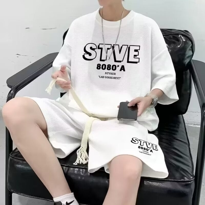 European and American Style Cool and Handsome Outfit Suit for Men Summer Waffle Casual Sports Two-Piece Set Black Short-Sleeved Shorts Matching Black - Image 2