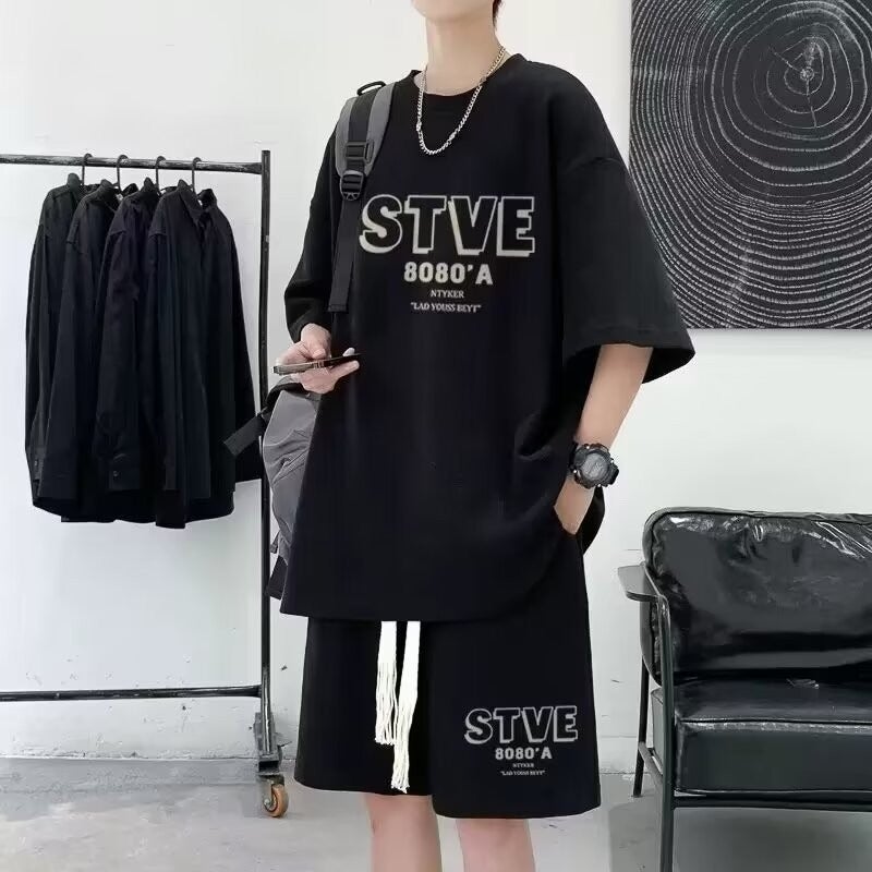 European and American Style Cool and Handsome Outfit Suit for Men Summer Waffle Casual Sports Two-Piece Set Black Short-Sleeved Shorts Matching Black - Image 1