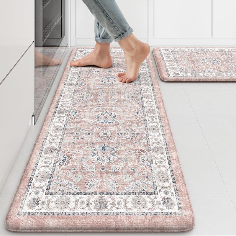 KIMODE Anti Fatigue Mats for Kitchen Floor, Boho Floral Kitchen Rugs Sets of 2, Cushioned Kitchen Floor Mats, Comfort Standing Desk Mat for Sink, Laundry, Desk Pink Multi 17"x47"+17"x29" - Image 1