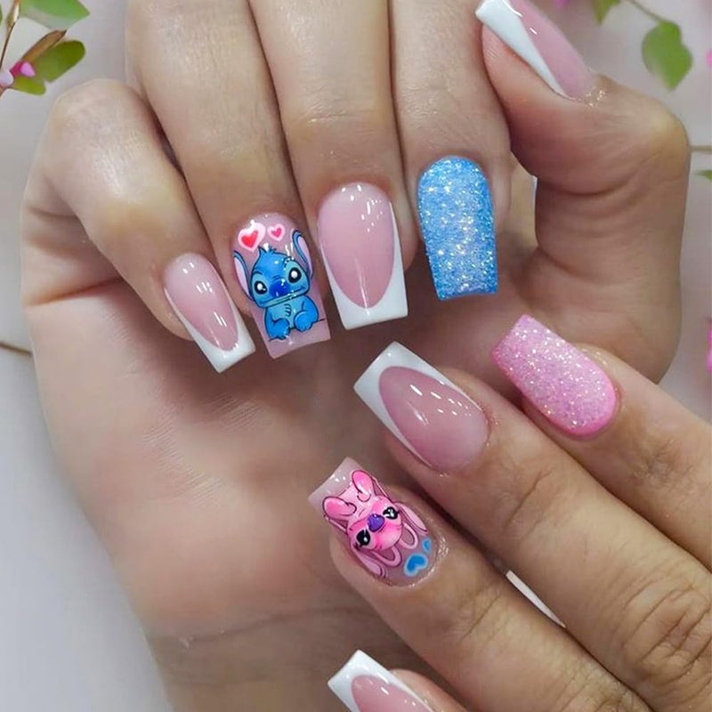 Foweso White French Tip Press on Nails Medium Square Red Blue Glitter Fake Nails with Glue Nude Glossy Acrylic Nails Design Cute Blue Monster Stick on Nails for Women DIY kawaii reusable false nails - Image 1