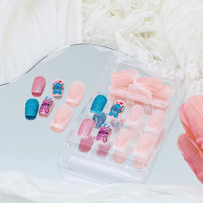 Foweso White French Tip Press on Nails Medium Square Red Blue Glitter Fake Nails with Glue Nude Glossy Acrylic Nails Design Cute Blue Monster Stick on Nails for Women DIY kawaii reusable false nails - Image 5