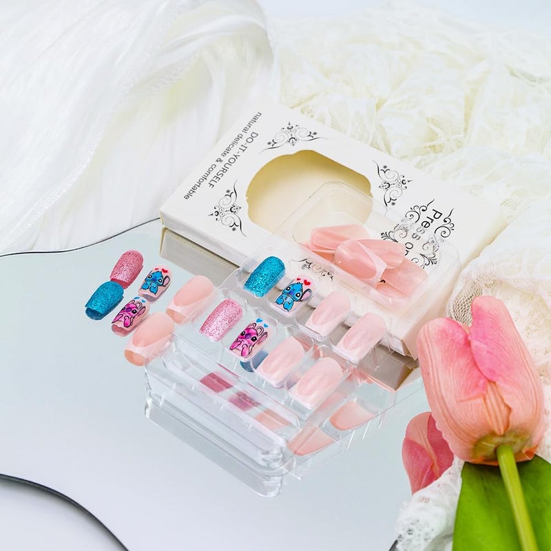 Foweso White French Tip Press on Nails Medium Square Red Blue Glitter Fake Nails with Glue Nude Glossy Acrylic Nails Design Cute Blue Monster Stick on Nails for Women DIY kawaii reusable false nails - Image 3