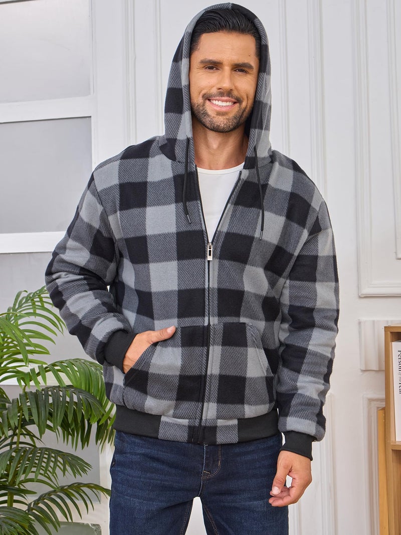 Suitswinew Men's Flannel Hooded Jacket Fleece Sherpa Lined Plaid Shirts Jackets Coat Full Zip Up Hoodie Winter Outwear Grey/Black XL - Image 4