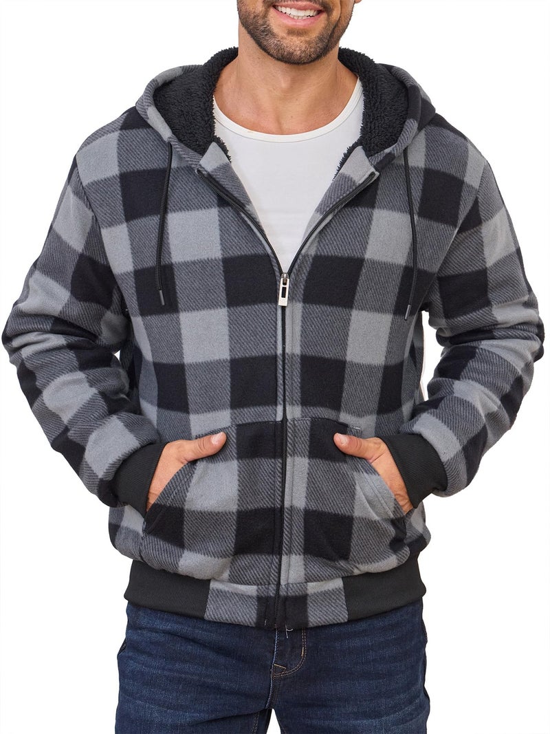 Suitswinew Men's Flannel Hooded Jacket Fleece Sherpa Lined Plaid Shirts Jackets Coat Full Zip Up Hoodie Winter Outwear Grey/Black XL - Image 1