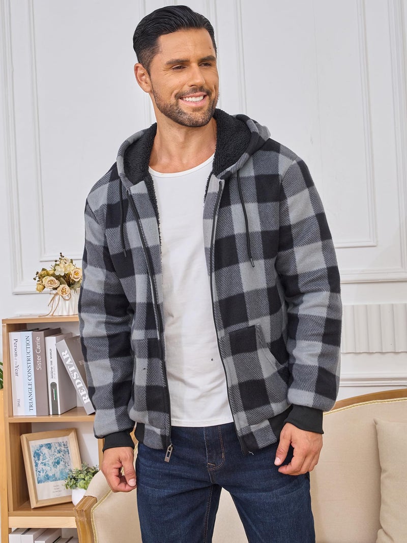 Suitswinew Men's Flannel Hooded Jacket Fleece Sherpa Lined Plaid Shirts Jackets Coat Full Zip Up Hoodie Winter Outwear Grey/Black XL - Image 5