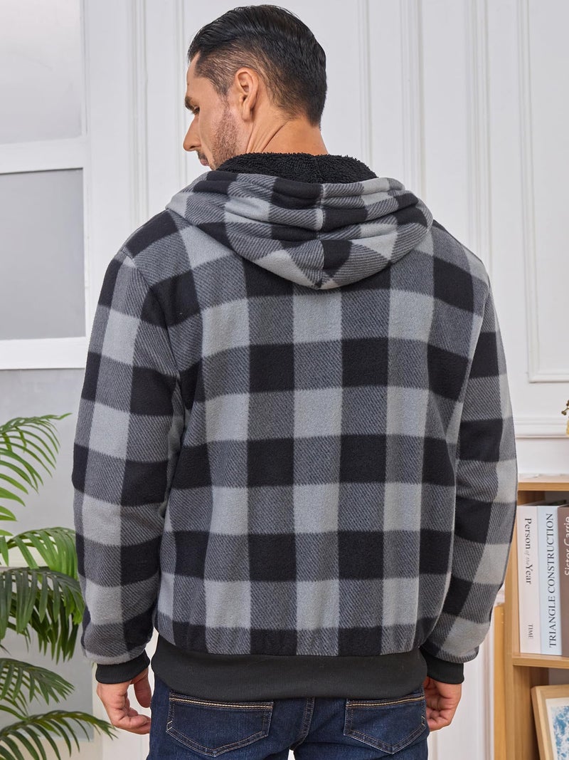 Suitswinew Men's Flannel Hooded Jacket Fleece Sherpa Lined Plaid Shirts Jackets Coat Full Zip Up Hoodie Winter Outwear Grey/Black XL - Image 3