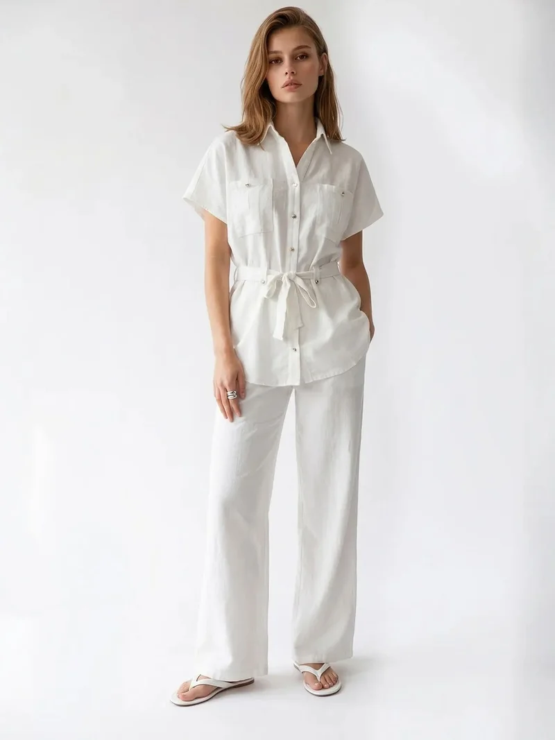 MIXRAY Cotton Shirt And Wide-Leg Trousers Set