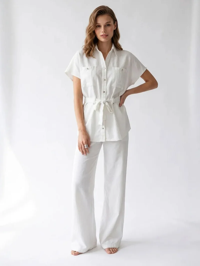 Mixray White MIXRAY Cotton Shirt And Wide-Leg Trousers Set for Women | Best Price UAE