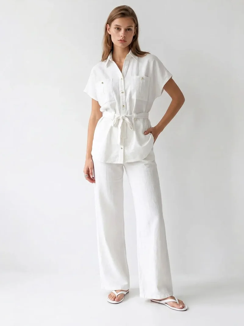 Mixray White MIXRAY Cotton Shirt And Wide-Leg Trousers Set for Women | Best Price UAE