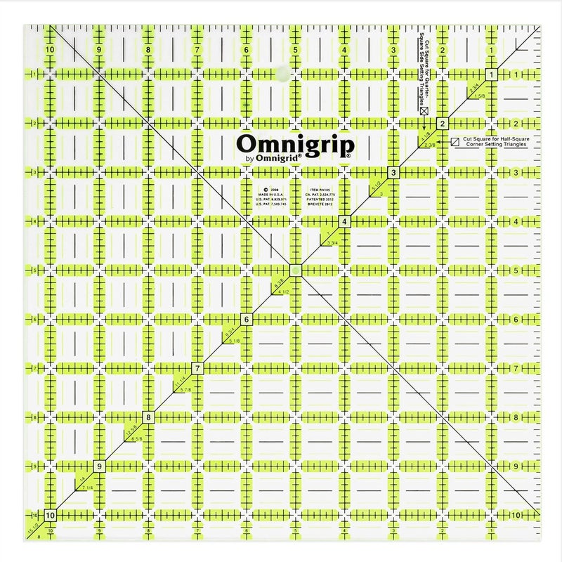 Omnigrid RN105 Non-Slip Quilter's Ruler, 10-½" x 10-½", Clear Acrylic for Quilting and Sewing - Image 1