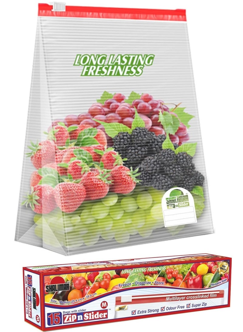 Shalimar plastic Zip 'N' Slider Bag Size Medium Zip Lock/Vegetable/Fridge/MultiPurpose Storage Bag Pack of - 1 (15 Bags) Reusable and Reclosable with Slider Lock - Image 1