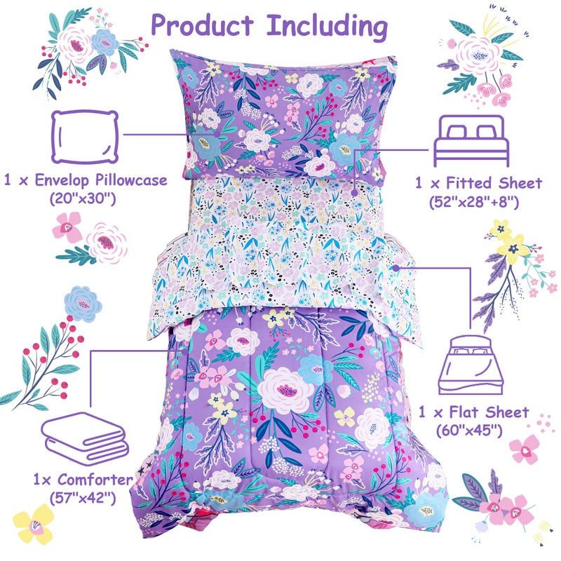 Mooreeke 4 Pieces Toddler Bedding Set - Purple Floral Toddler Comforter Sets for Girls, Includes Comforter, Flat Sheet, Fitted Sheet and Pillowcase, Bed in A Bag for Baby Bedroom - Image 3