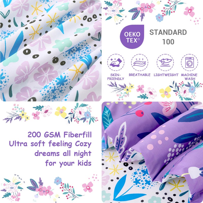 Mooreeke 4 Pieces Toddler Bedding Set - Purple Floral Toddler Comforter Sets for Girls, Includes Comforter, Flat Sheet, Fitted Sheet and Pillowcase, Bed in A Bag for Baby Bedroom - Image 5