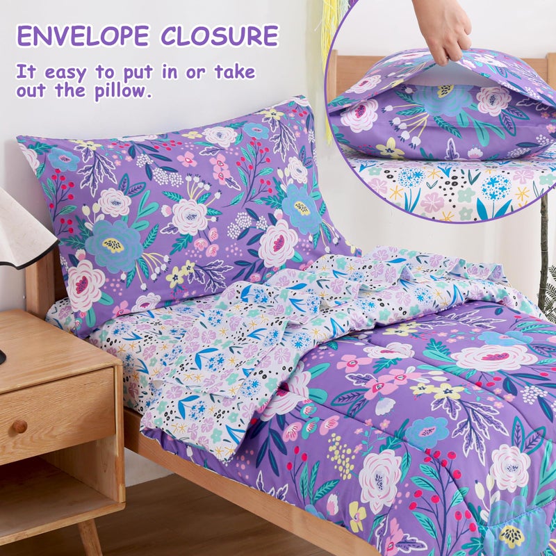Mooreeke 4 Pieces Toddler Bedding Set - Purple Floral Toddler Comforter Sets for Girls, Includes Comforter, Flat Sheet, Fitted Sheet and Pillowcase, Bed in A Bag for Baby Bedroom - Image 2