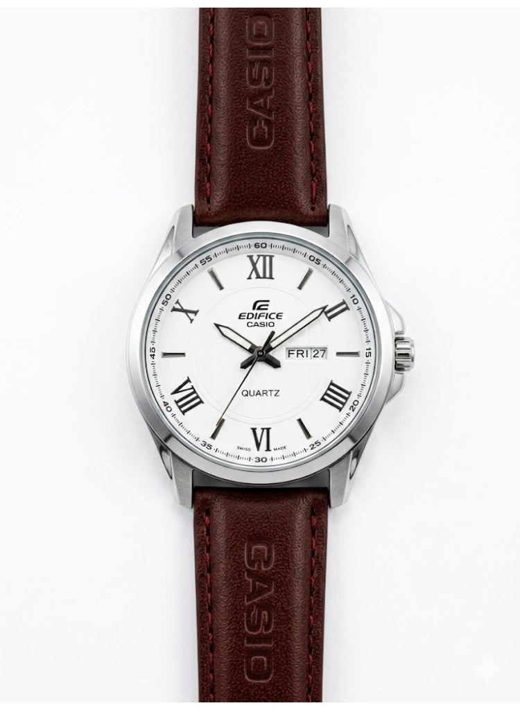 Casio Men's Edifice Classic Analog Watch - White Dial & Brown Leather Strap