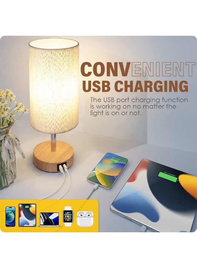 مصباح طاولة ديكور بجانب السرير مع منفذ USB - مصباح طاولة يعمل باللمس لغرفة النوم، مصنوع من الخشب، قابل لتعديل شدة الإضاءة بثلاثة مستويات، مزود بغطاء قماشي دائري بلون الكتان، مناسب لغرفة المعيشة، أو السكن الجامعي، أو المكتب المنزلي. - Image 2