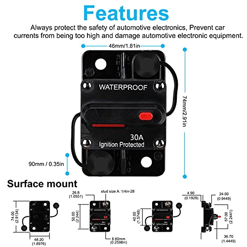 N.C 30 AMP Audio Circuit Breaker,12V-48V DC Fuse Holder,30-300A Breaker Switch,Inline Circuit Breaker with Reset Button,for Automotive Marine Boat Audio System Current Overload Protection - Image 3