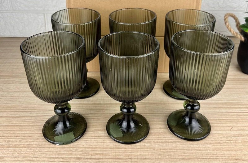 Generic Olive Green Ribbed Glass Goblets with Pedestal Base, Vertical Stripe Pattern, 6 Pack .bar - Image 2