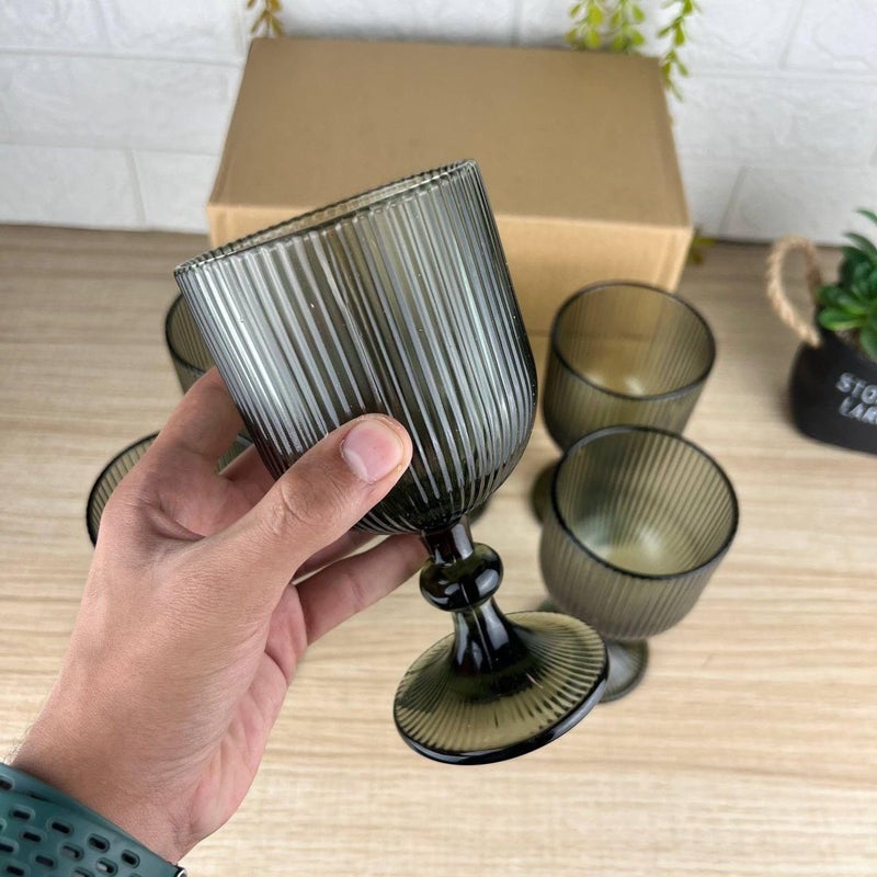Generic Olive Green Ribbed Glass Goblets with Pedestal Base, Vertical Stripe Pattern, 6 Pack .bar - Image 3