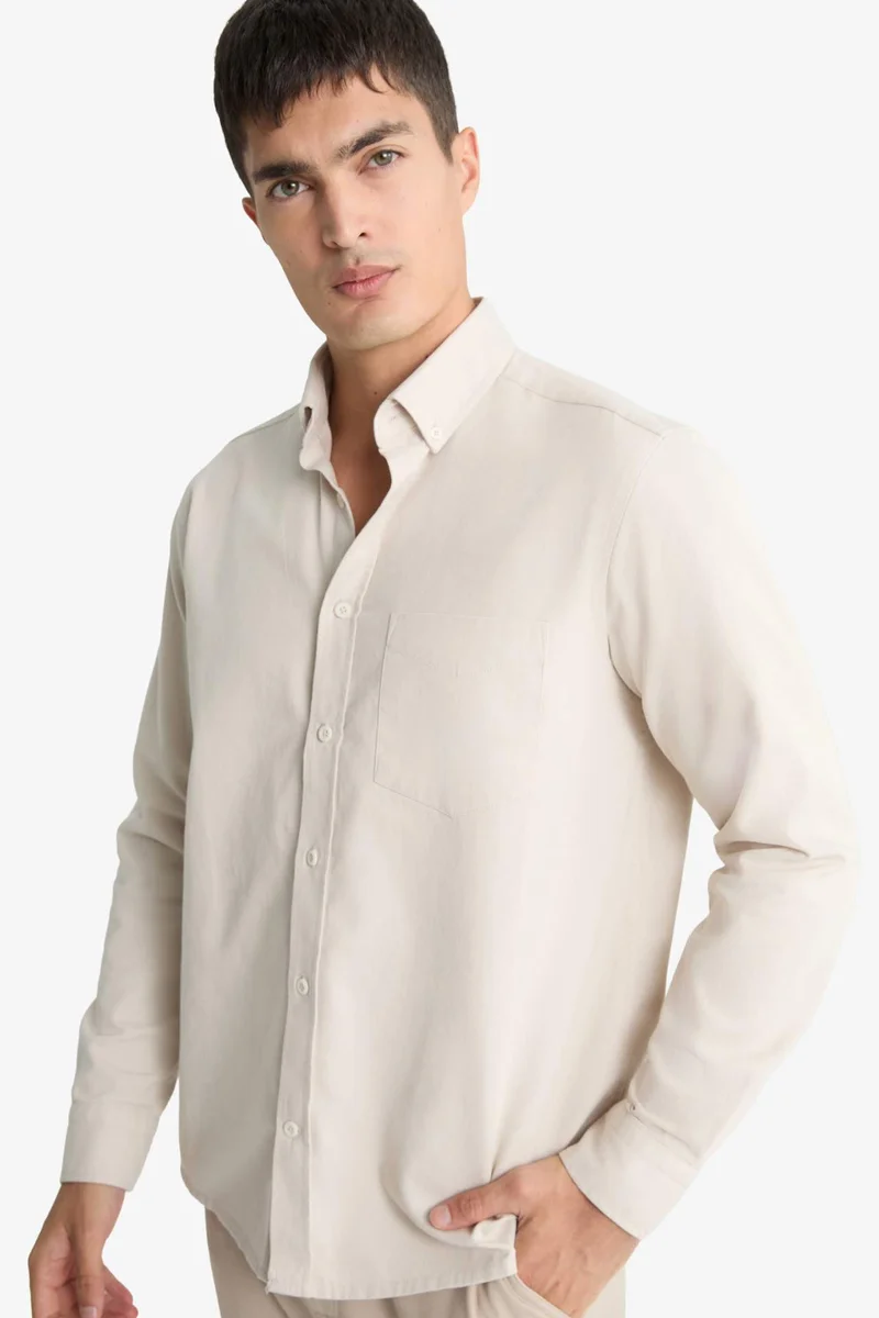 ديفاكتو Regular Fit Polo Neck Gabardine Long Sleeve Shirt