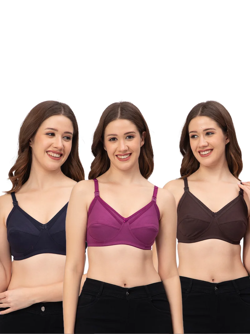CEE 18 Women's Cotton Hosiery Non-Padded Non-Wired Maternity Bra(Pack of 3,NAVY,COFFEE,RANIPINK)