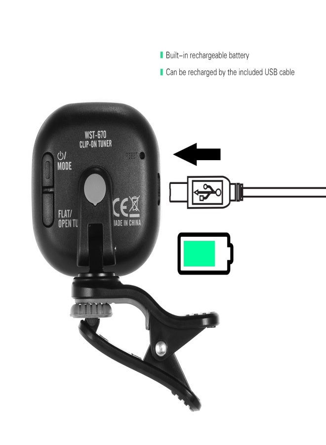Cherub WST-670 Rechargeable Clip-on Guitar Tuner LCD Color Display for Chromatic Guitar Ukulele Violin Built-in Battery with USB Charging Cable - Image 2