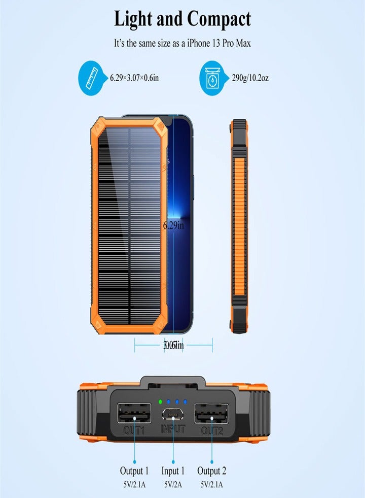 Outdoor waterproof, wireless charging solar power bank, 20000 mAh fast charging emergency mobile power bank with dual USB ports and 6 LED strong light flashlights, suitable for iPhone, smartphones, tablets, digital cameras, etc. - Image 4