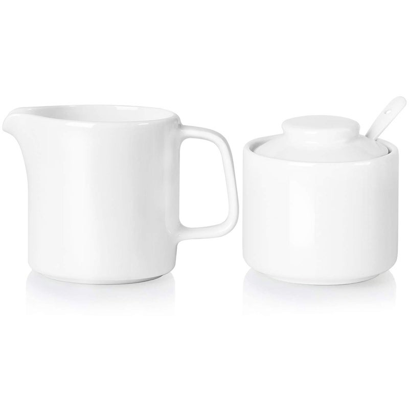 ONTUBE Porcelain Sugar and Creamer Set of 3,Ceramics Cream Pitcher, Sugar Bowl with Lid and Spoon (Bright White) - Image 1