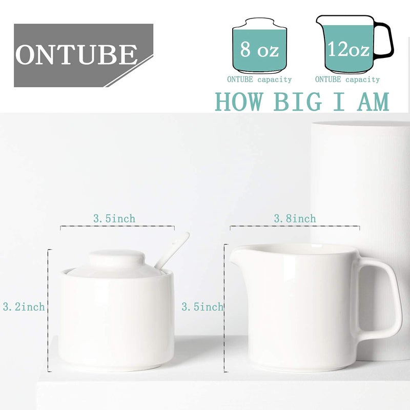 ONTUBE Porcelain Sugar and Creamer Set of 3,Ceramics Cream Pitcher, Sugar Bowl with Lid and Spoon (Bright White) - Image 2