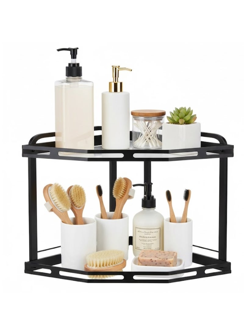 طلال منظم لرفوف زاوية من مستويين لسطح الحمام، منظم لمستحضرات التجميل، حامل للعطور، رف قائم لمستحضرات التجميل، منظم لرف التوابل لسطح المطبخ، منظم لأدوات التخزين أسفل الحوض - Image 1