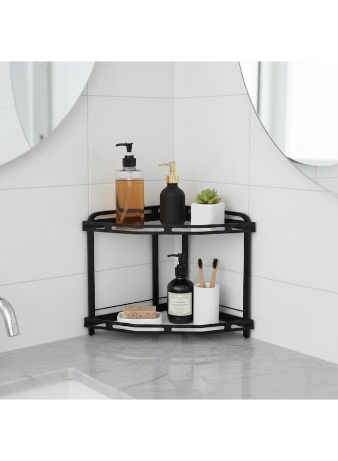 طلال منظم لرفوف زاوية من مستويين لسطح الحمام، منظم لمستحضرات التجميل، حامل للعطور، رف قائم لمستحضرات التجميل، منظم لرف التوابل لسطح المطبخ، منظم لأدوات التخزين أسفل الحوض - Image 3