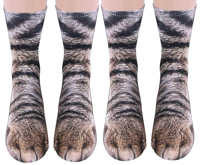 Tiaronics 2Pairs 3D Socks Unisex Adult Big Kids Animal Paw Crew Socks - Sublimated Print (2Pairs Cat) - Image 1
